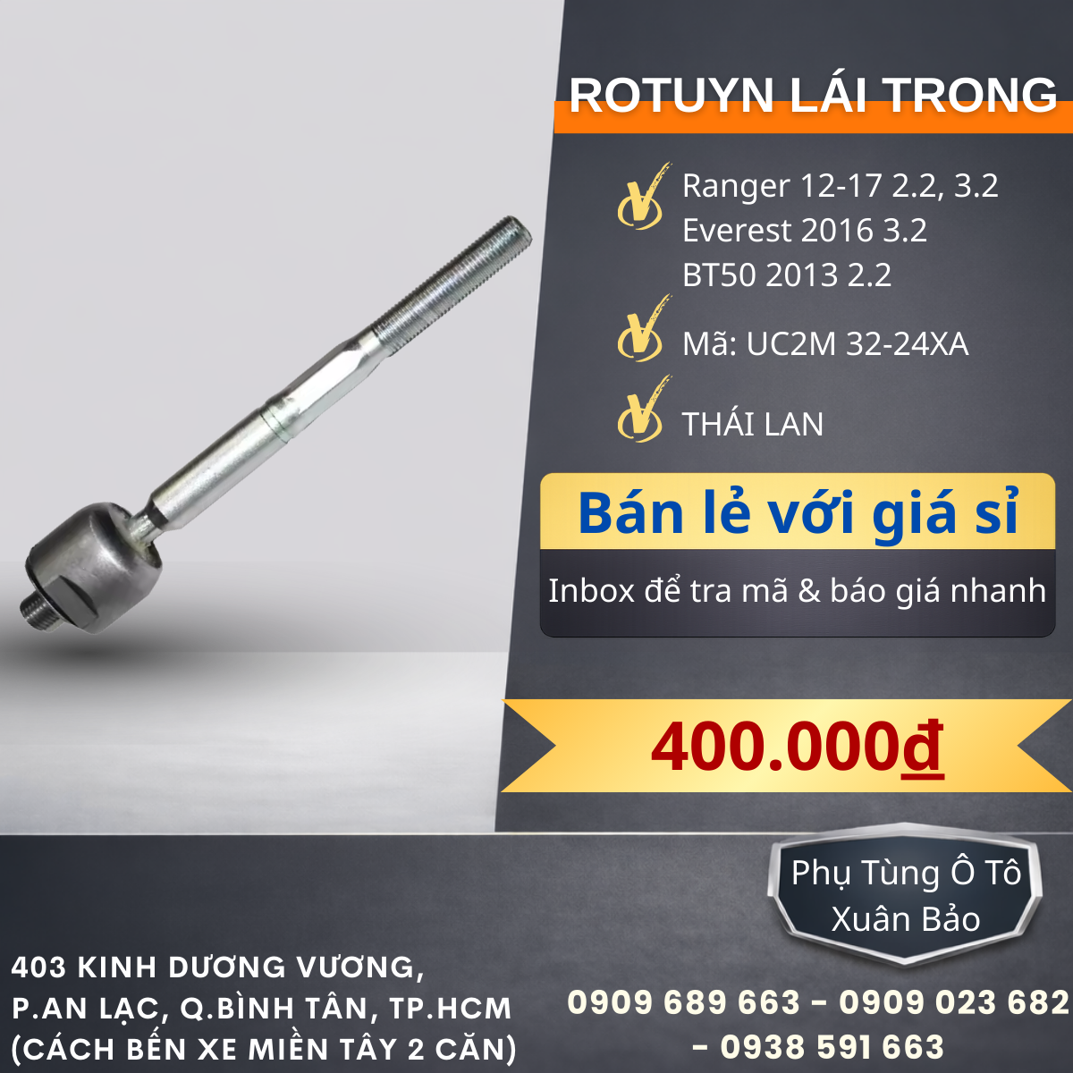 Rotuyn lái trong Ford Ranger 2012-2017 2.2,3.2, Everest 2016 3.2, BT50 2013 2.2 TH( lái điện)