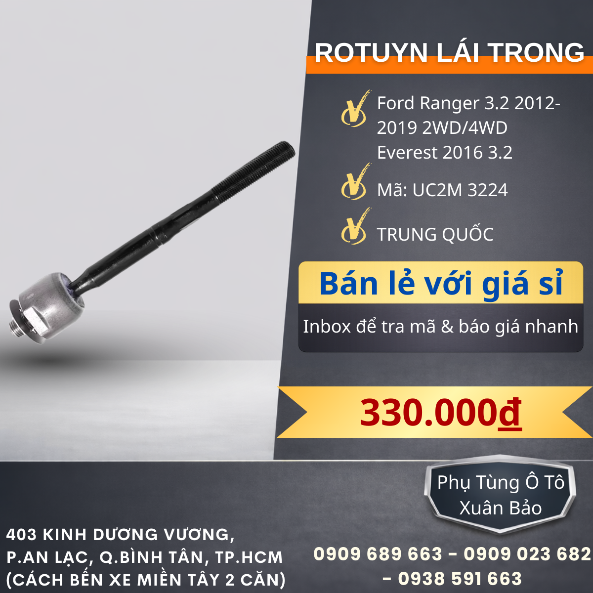 Rotuyn lái trong Ford Ranger 3.2 2012-2019 2WD/4WD, Everest 2016 3.2, BT50 Thái ( Cơ)